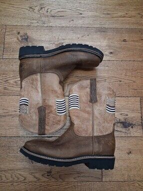 J.B. DILLON 2035 SQUARE TOE COWBOY BROWN BOOTS SIZE 12D AMERICAN FLAG
